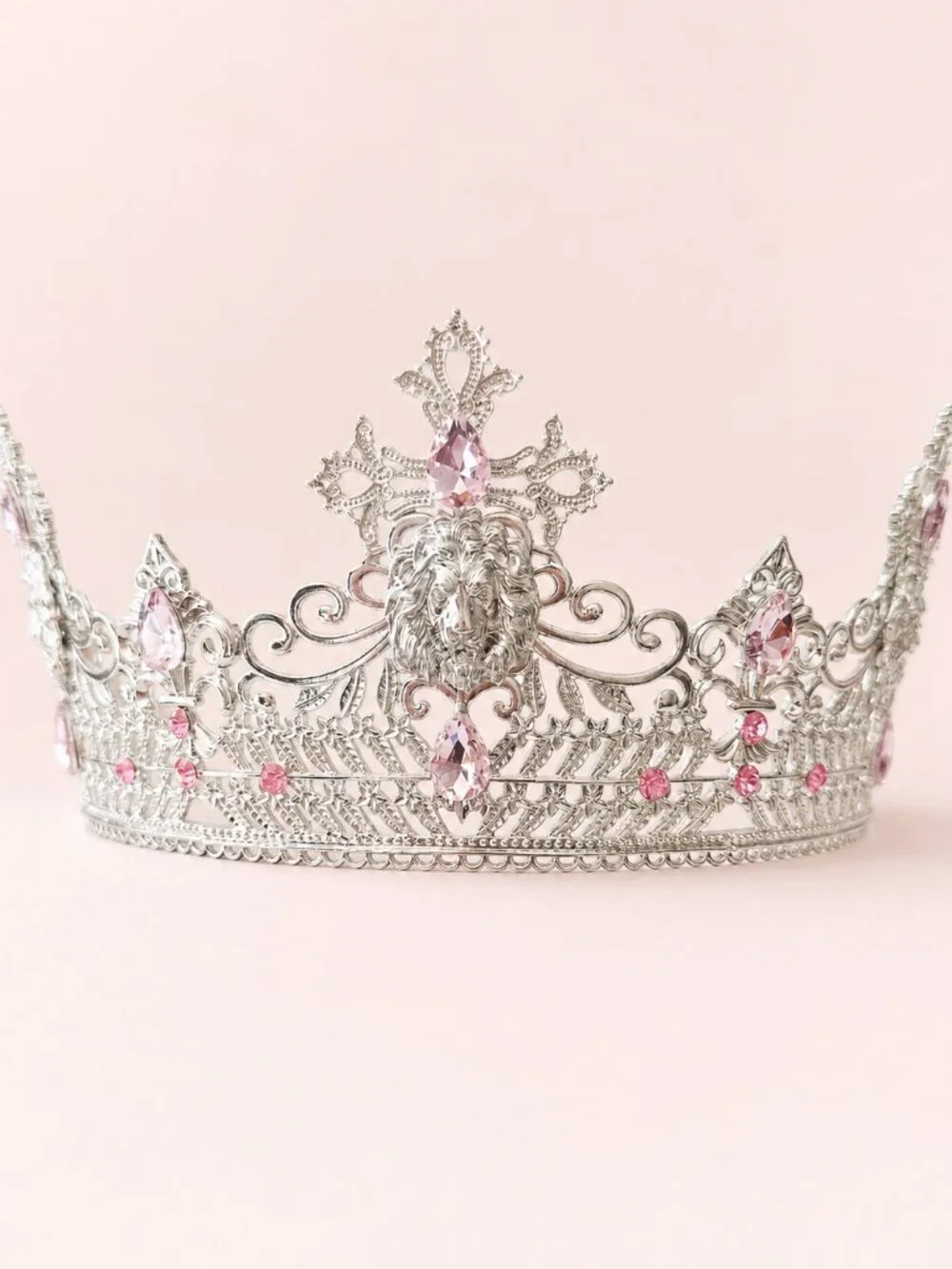 Silver Lion King Crown Pink Crystal Medieval Renaissance Royal Cosplay Tiara